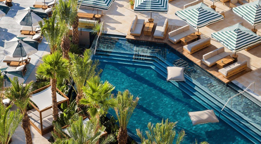 Pool area with floating pillows